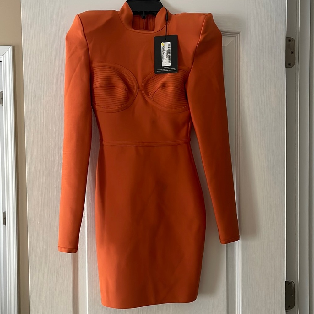 NEW PLT Rust Bandage High Neck Long Sleeve Bust Panel Bodycon Dress